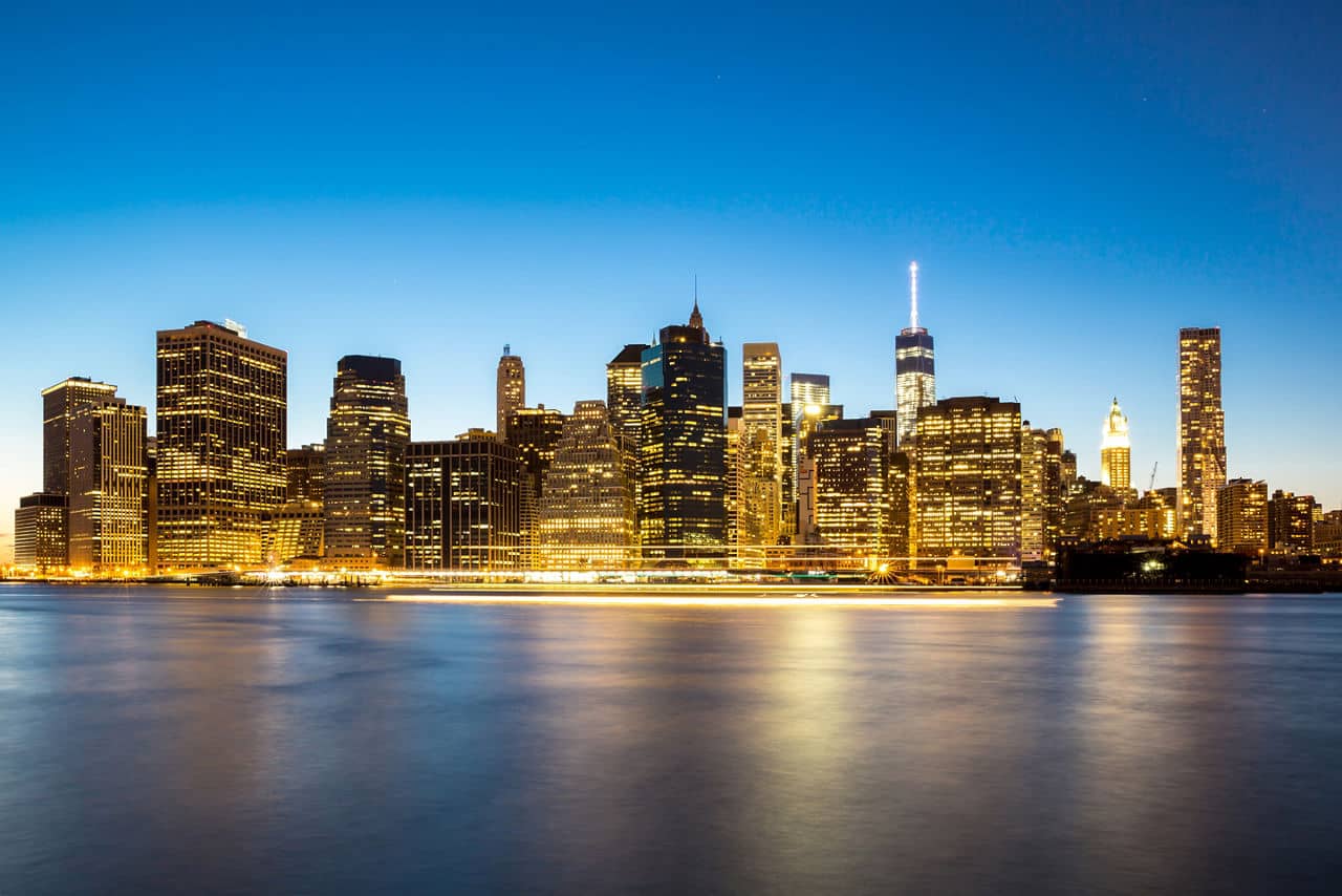 New York City Manhattan skyline at dusk from Brooklyn